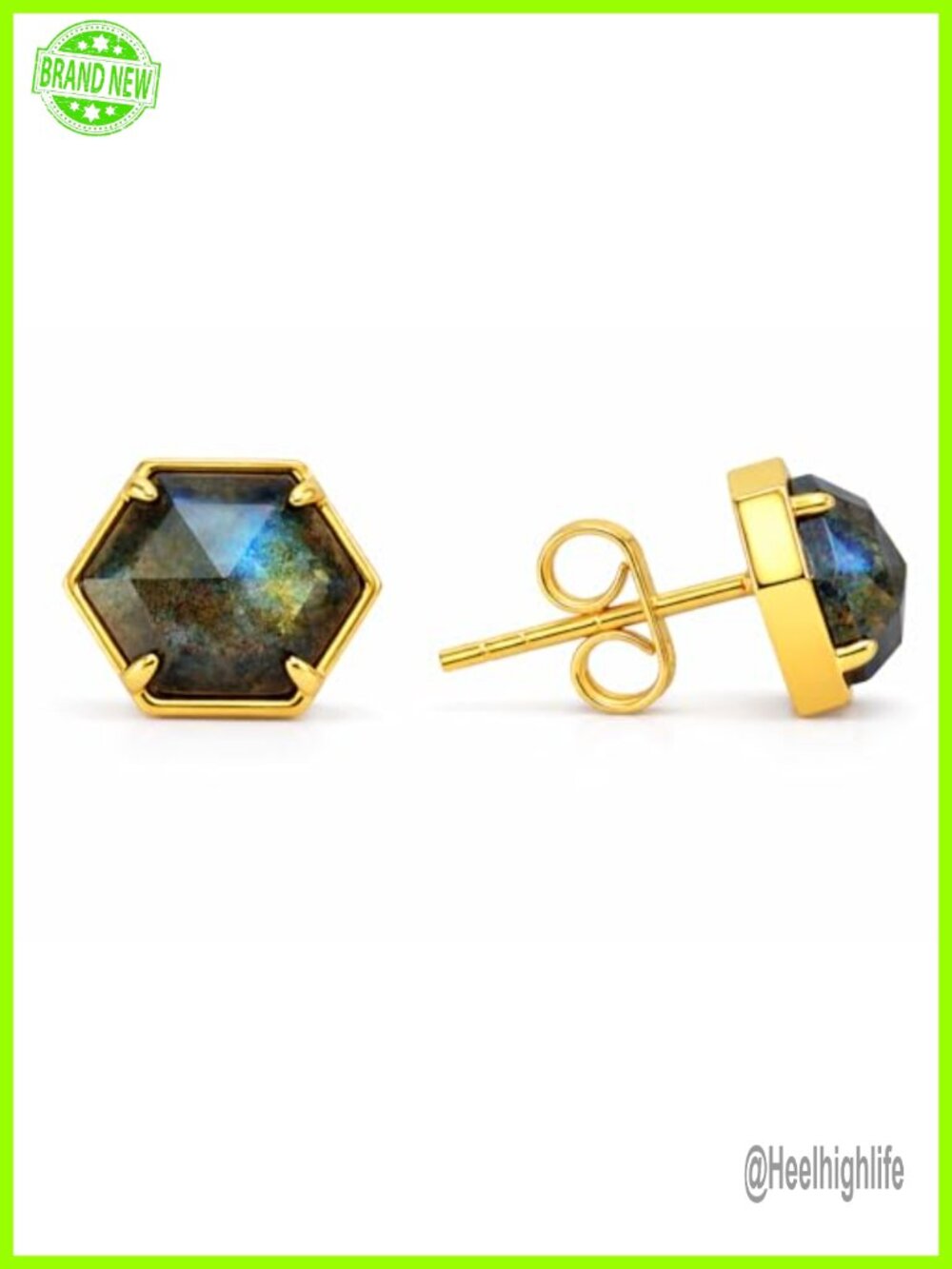 14K Gold Plated Labradorite Hexagon Stud Earrings 8mm Faceted Minimalist